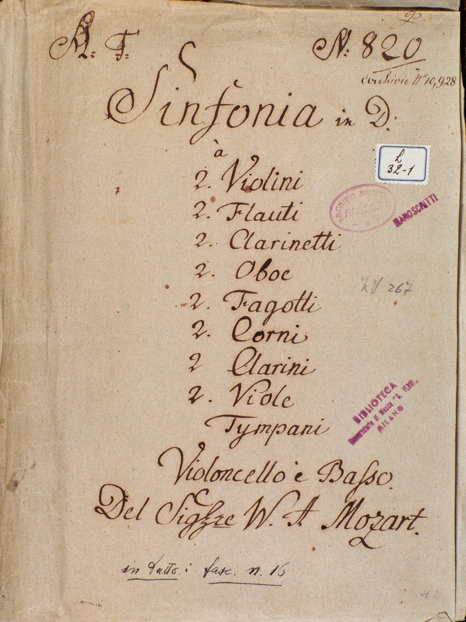 Første side med noder til Symfoni nr. 4 i D, af Mozart af Wolfgang Amadeus Mozart