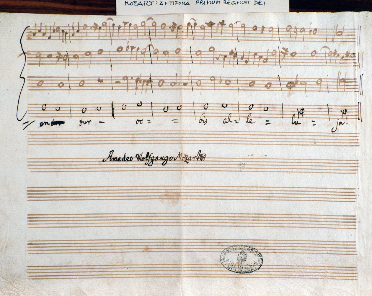 Side med komponistens underskrift af Querite primum regnum Dei af Mozart for at opnå titlen Accademico filarmonico (1770) af Wolfgang Amadeus Mozart