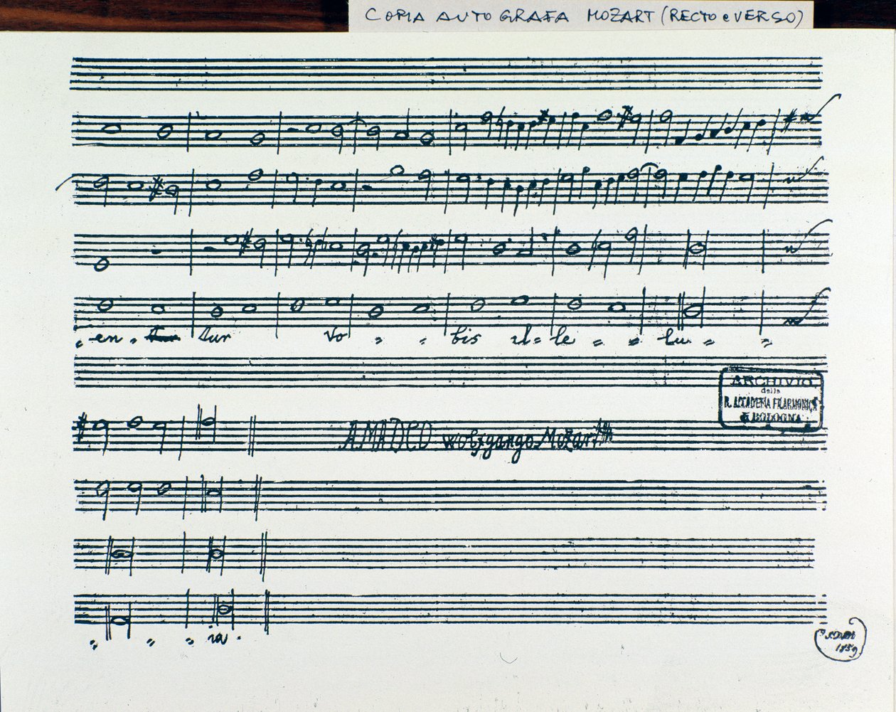 Nodeside til Querite primum regnum dei af Mozart for at opnå titlen på Accademia Filarmonico, korrigeret version af fader Martini (1770) af Wolfgang Amadeus Mozart