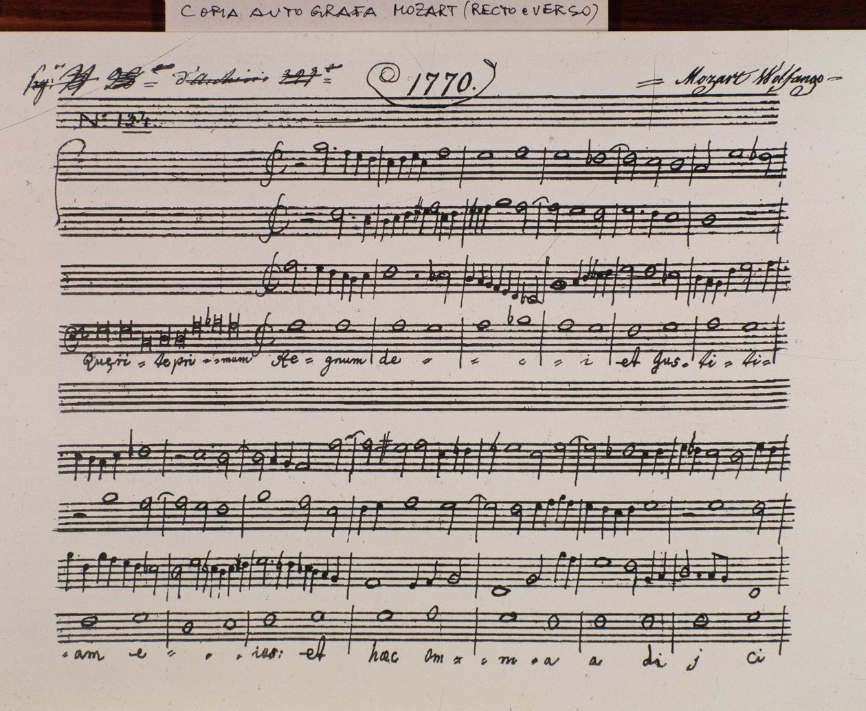 Nodeside til Querite primum regnum dei af Mozart for at opnå titlen på Accademia Filarmonico, korrigeret version af fader Martini (1770) af Wolfgang Amadeus Mozart