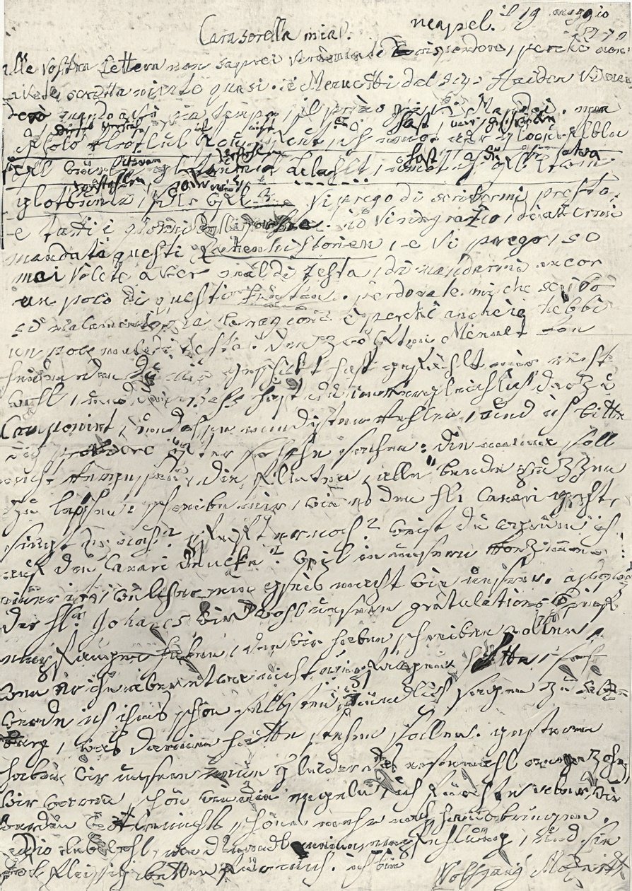 Wolfgang Amadeus Mozart (1756-1791) østrigsk komponist. Håndskrevet brev til sin søster Nannerl. Napoli 19. marts 1770 af Wolfgang Amadeus Mozart