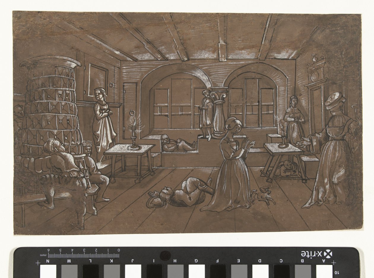 Interiør hvor otte børn leger blind mand af Wolfgang Huber (school of)