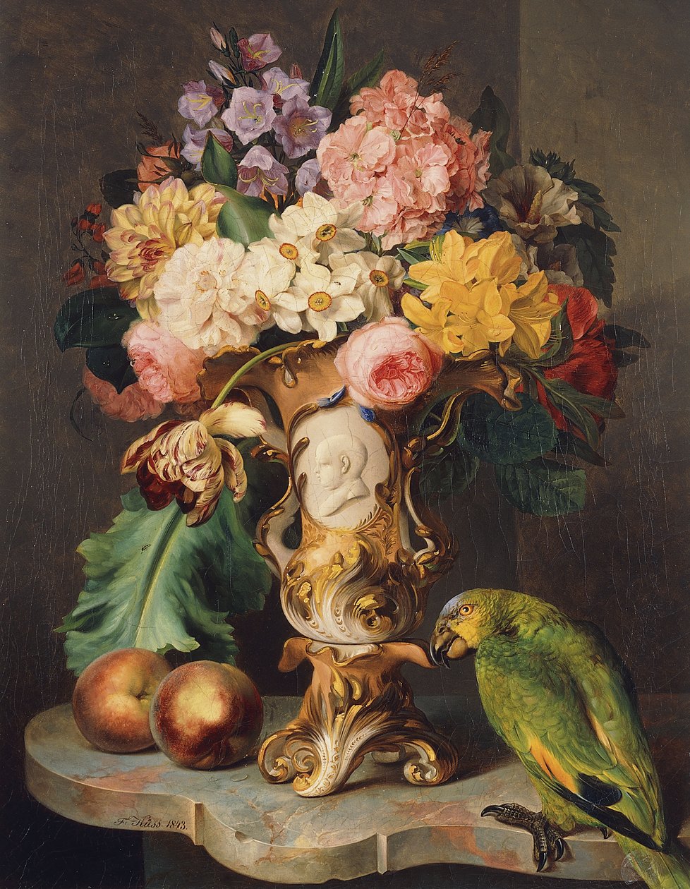 Et stilleben med en vase med forskellige blomster, ferskner og en papegøje på en marmorkant, 1843 af Wolfgang Küss