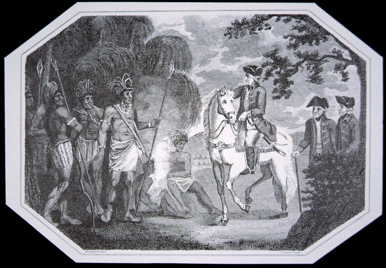 General Burgoyne og indianerne i 1777, indgraveret af J. Taylor, fra 