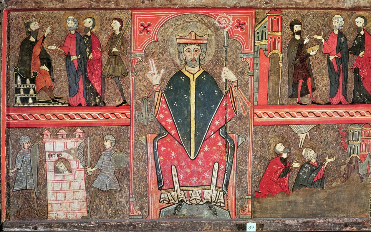 Alterfrontal forestillende Sankt Peter siddende med crozier og fire scener fra hans liv, 1150-1200 (tempera på panel) af Workshop of Lleida