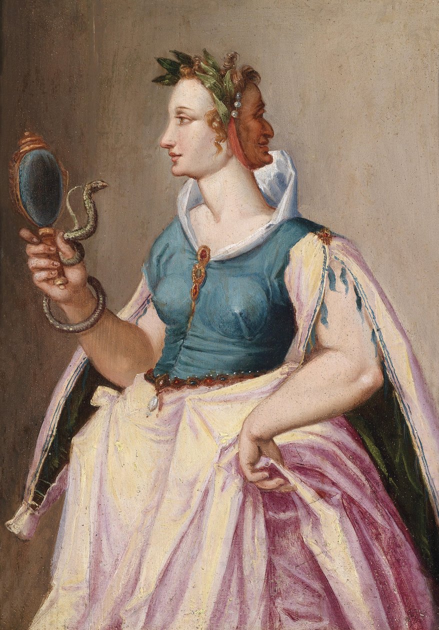 Allegory of forfængelighed, en Janus-hovedet kvinde med et spejl, som en slange ruller rundt om af Peter Candid