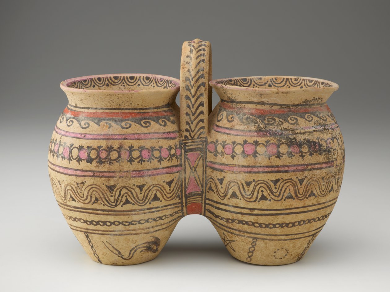 Dobbelt krukke med centralt håndtag, sent 4. eller 3. århundrede f.Kr. (terracotta med pigment) af Workshop Canosan