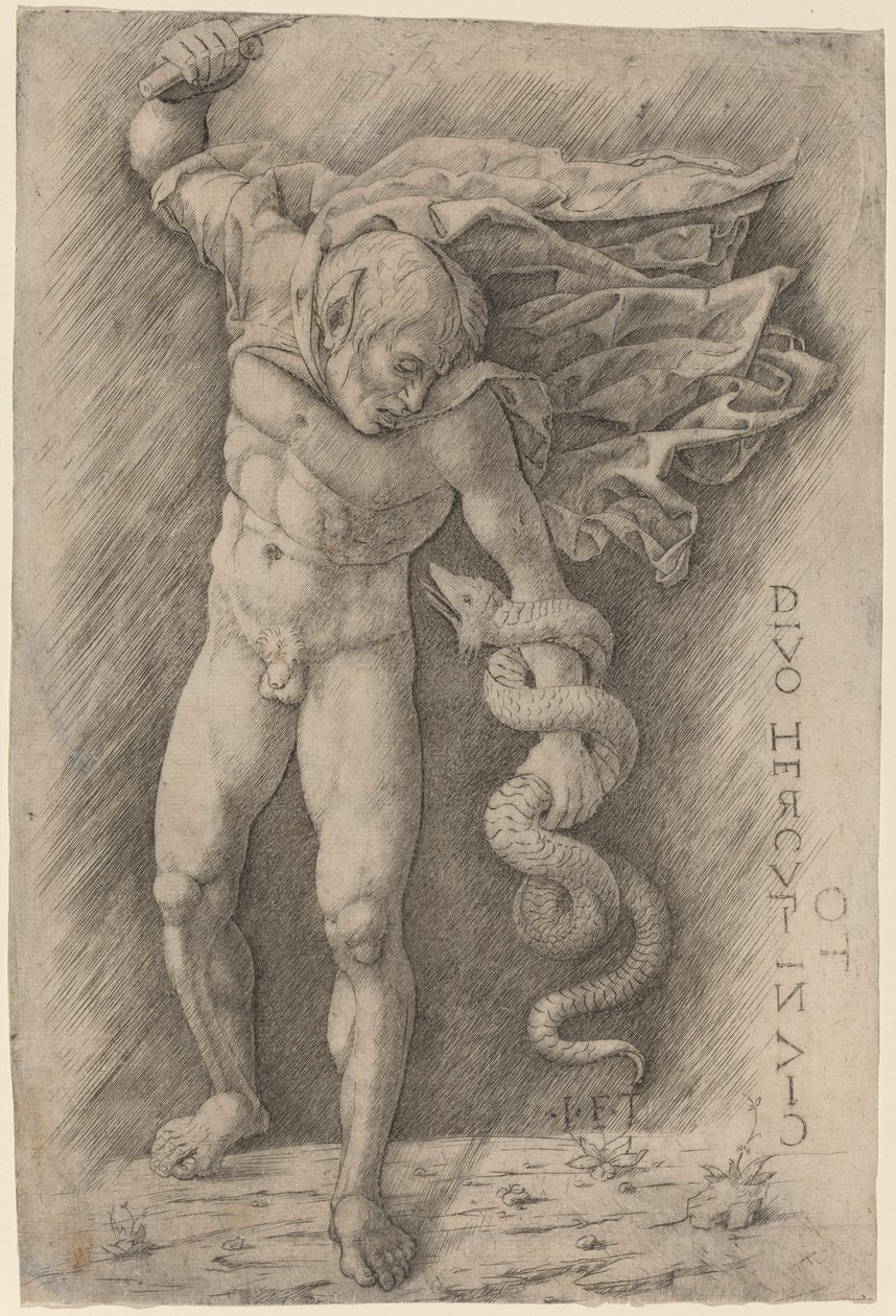 Faun kæmper mod en slange af Workshop of Andrea Mantegna