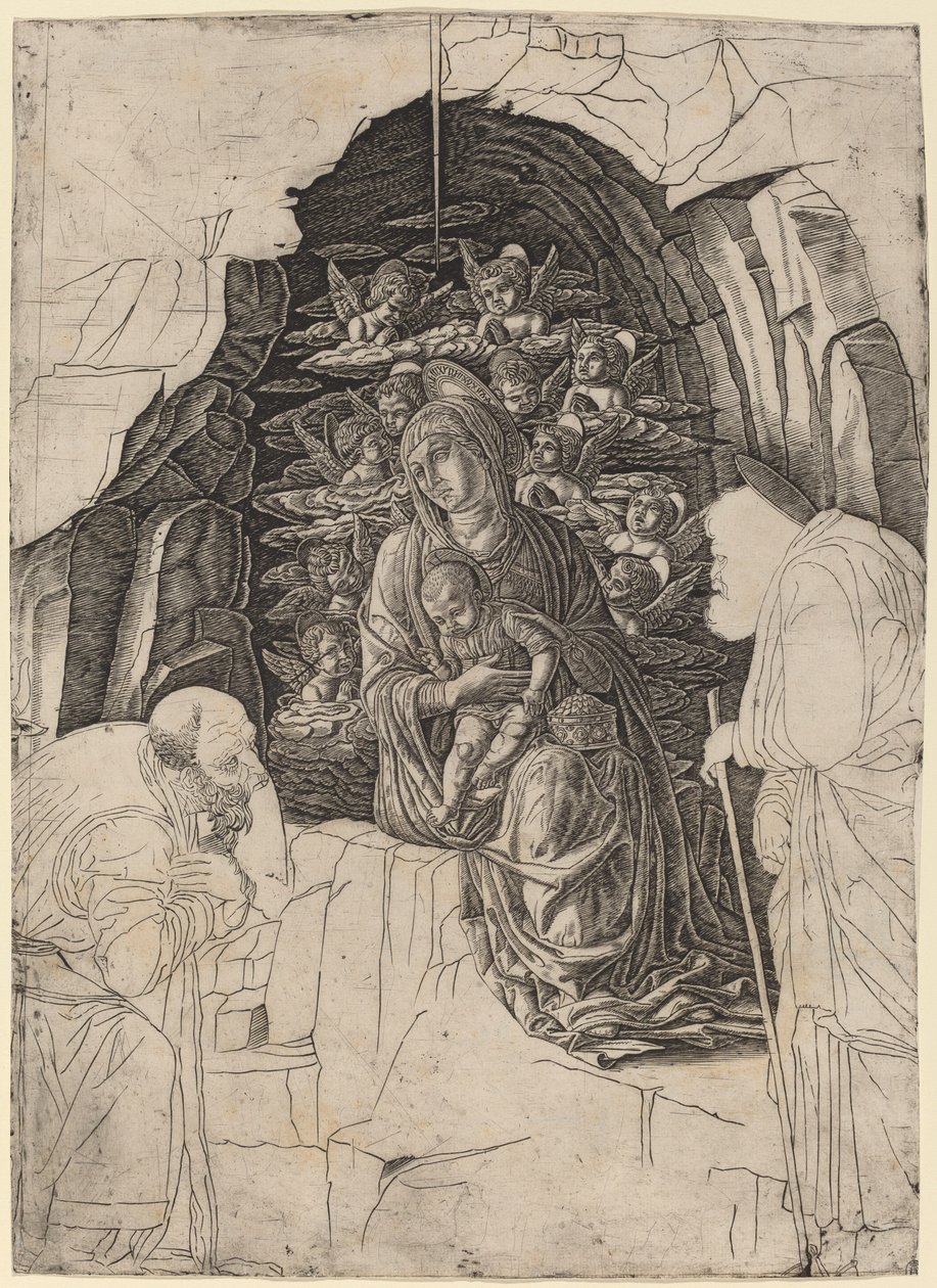 Magiernes tilbedelse (Jomfru i grotten) af Workshop of Andrea Mantegna