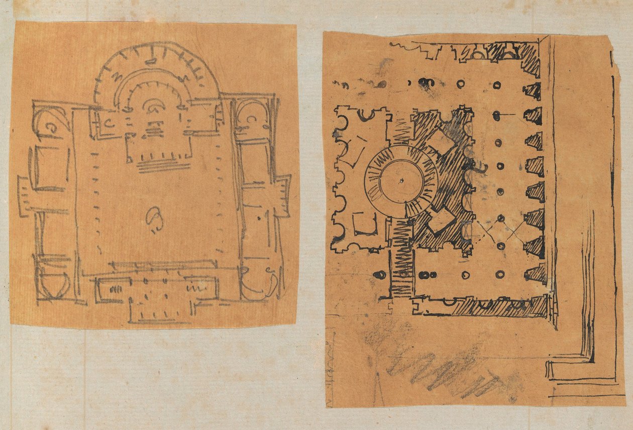 Side fra en scrapbog indeholdende tegninger og adskillige print af arkitektur, Int..., ca. 1800-1850. Skabere: Workshop af Charles Percier, Workshop af Pierre François Léonard Fontaine. af Workshop of Charles Percier, Workshop of Pierre