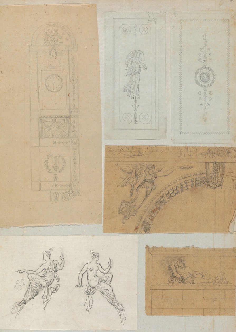 Side fra en scrapbog indeholdende tegninger og adskillige print af arkitektur, Int..., ca. 1800-1850. Skabere: Workshop af Charles Percier, Workshop af Pierre François Léonard Fontaine. af Workshop of Charles Percier, Workshop of Pierre