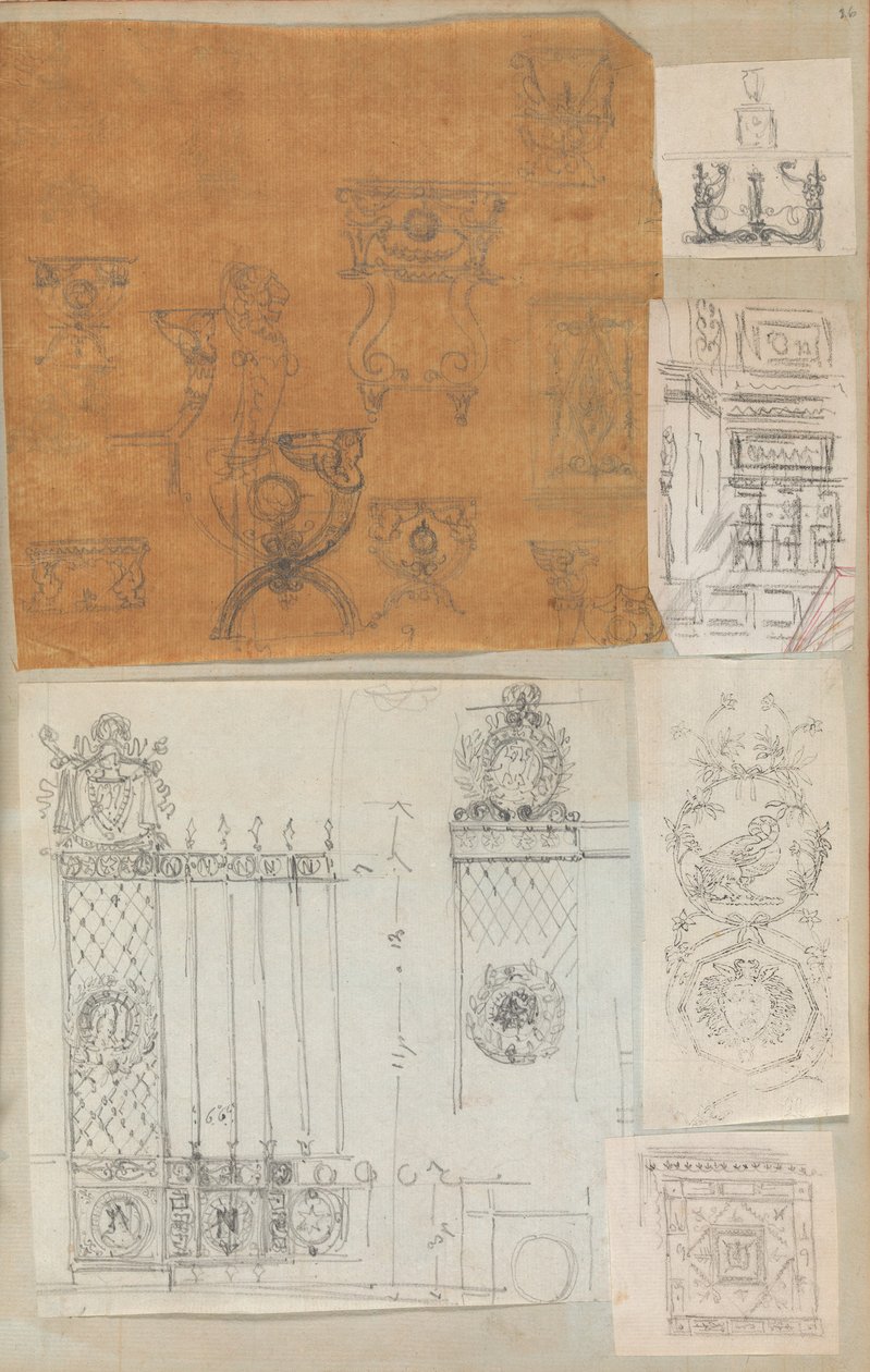 Side fra en scrapbog indeholdende tegninger og adskillige print af arkitektur, Int..., ca. 1800-1850. Skabere: Workshop af Charles Percier, Workshop af Pierre François Léonard Fontaine. af Workshop of Charles Percier, Workshop of Pierre