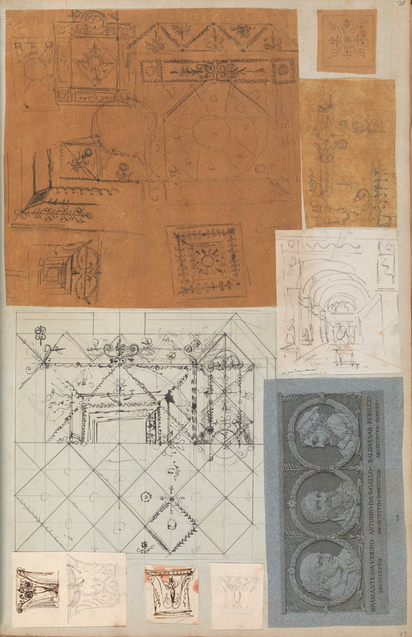 Side fra en scrapbog indeholdende tegninger og adskillige print af arkitektur, Int..., ca. 1800-1850. Skabere: Workshop af Charles Percier, Workshop af Pierre François Léonard Fontaine. af Workshop of Charles Percier, Workshop of Pierre