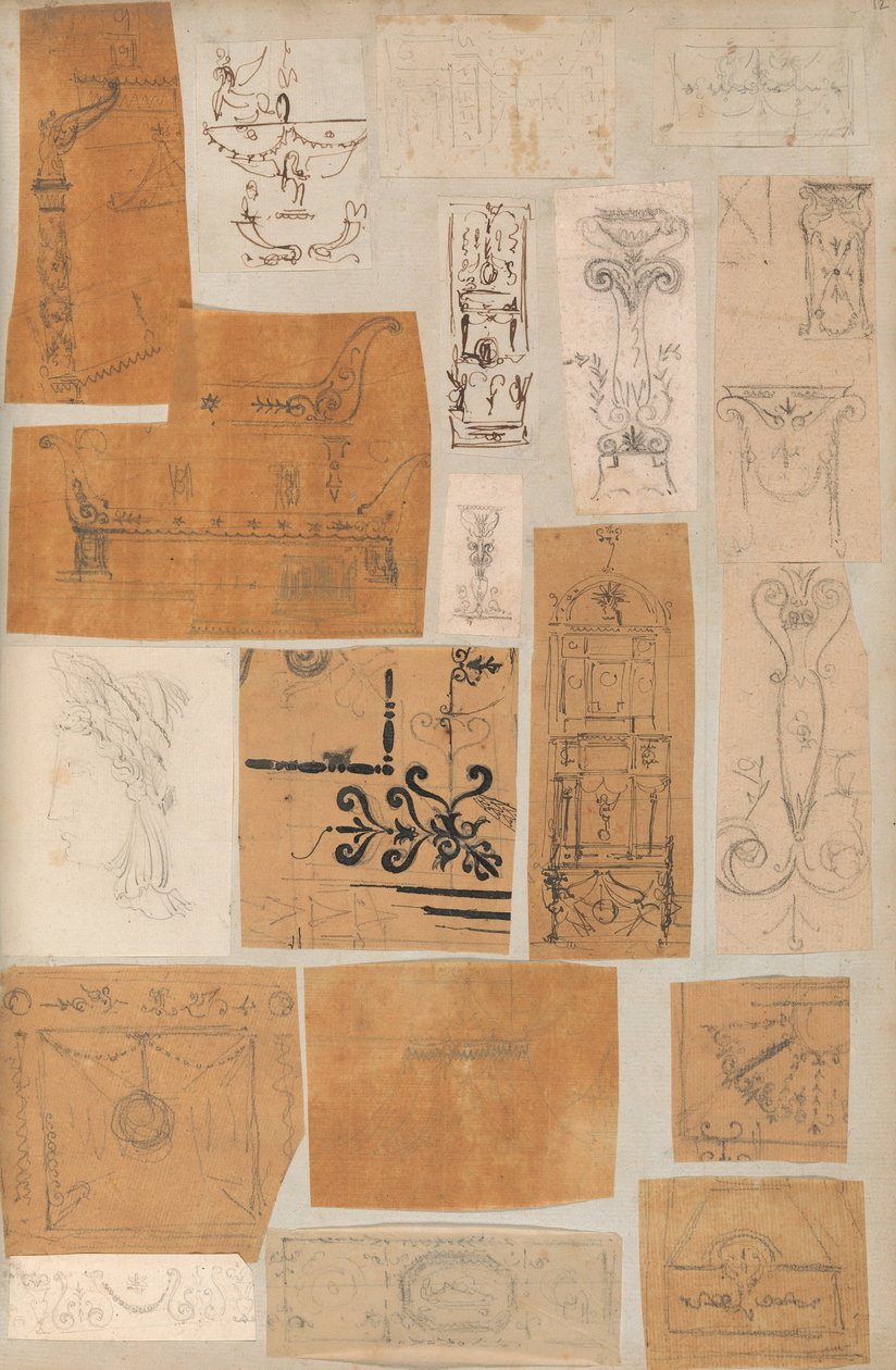 Side fra en scrapbog indeholdende tegninger og adskillige print af arkitektur, Int..., ca. 1800-1850. Skabere: Workshop af Charles Percier, Workshop af Pierre François Léonard Fontaine. af Workshop of Charles Percier, Workshop of Pierre