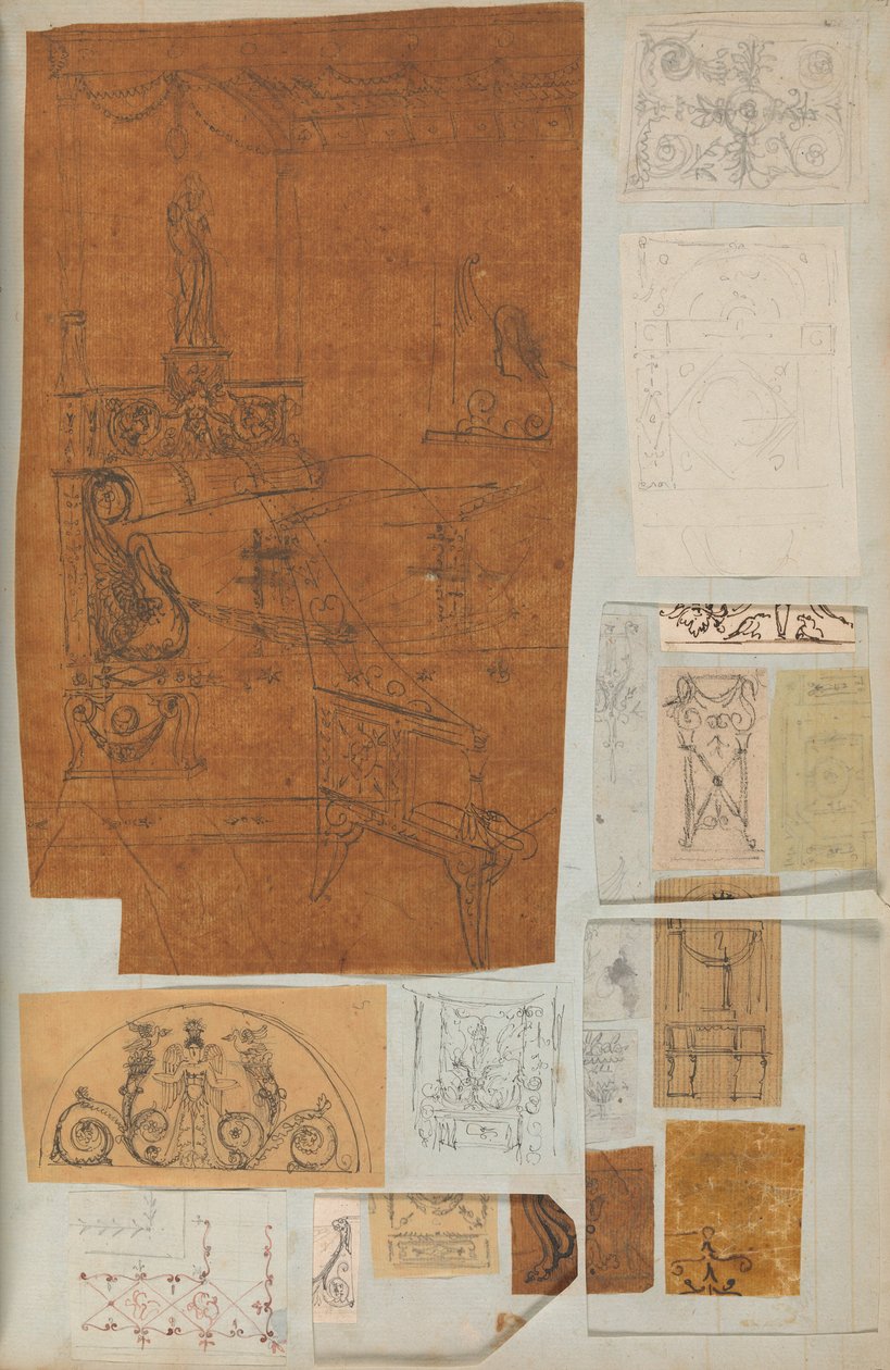 Side fra en scrapbog indeholdende tegninger og adskillige print af arkitektur, Int..., ca. 1800-1850. Skabere: Workshop af Charles Percier, Workshop af Pierre François Léonard Fontaine. af Workshop of Charles Percier, Workshop of Pierre