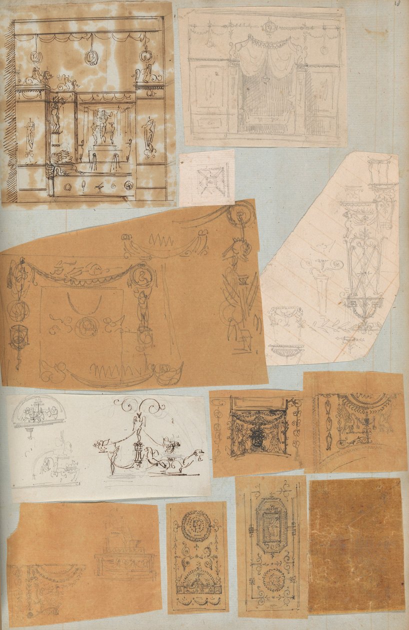 Side fra en scrapbog indeholdende tegninger og adskillige print af arkitektur, Int..., ca. 1800-1850. Skabere: Workshop af Charles Percier, Workshop af Pierre François Léonard Fontaine. af Workshop of Charles Percier, Workshop of Pierre
