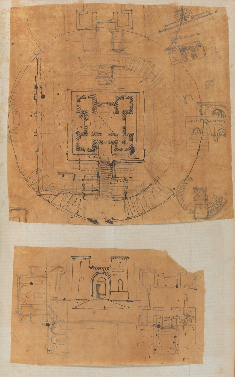 Side fra en scrapbog indeholdende tegninger og adskillige print af arkitektur, Int..., ca. 1800-1850. Skabere: Workshop af Charles Percier, Workshop af Pierre François Léonard Fontaine. af Workshop of Charles Percier, Workshop of Pierre