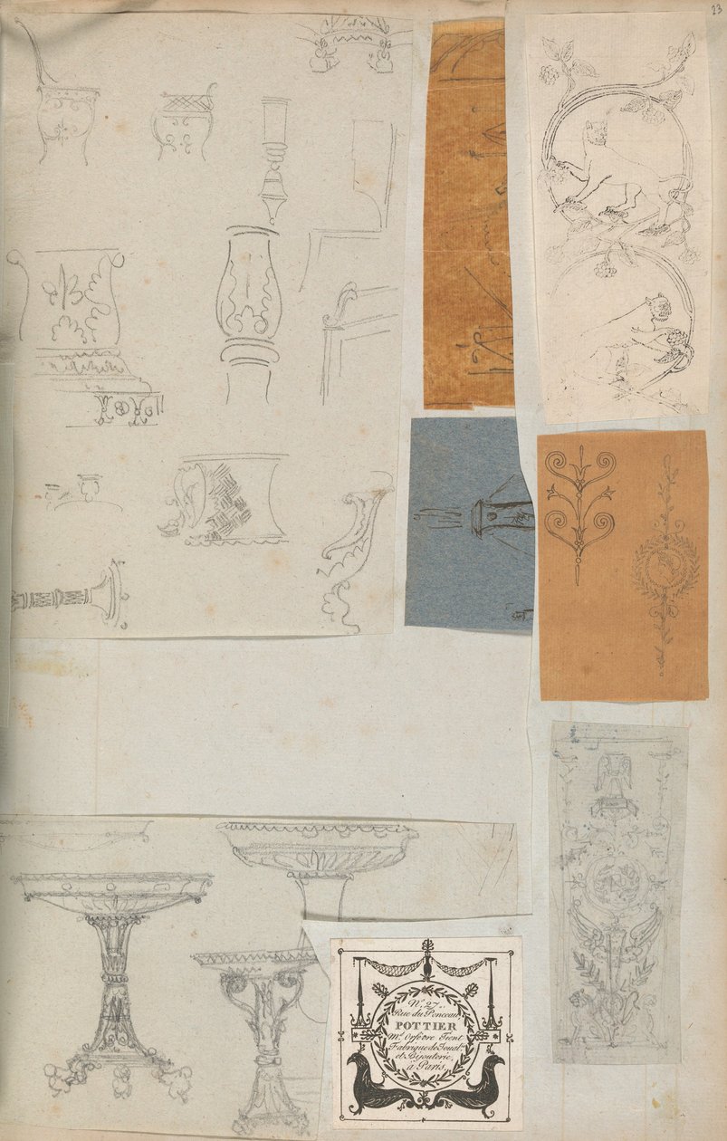 Side fra en scrapbog indeholdende tegninger og adskillige print af arkitektur, Int..., ca. 1800-1850. Skabere: Workshop af Charles Percier, Workshop af Pierre François Léonard Fontaine. af Workshop of Charles Percier, Workshop of Pierre