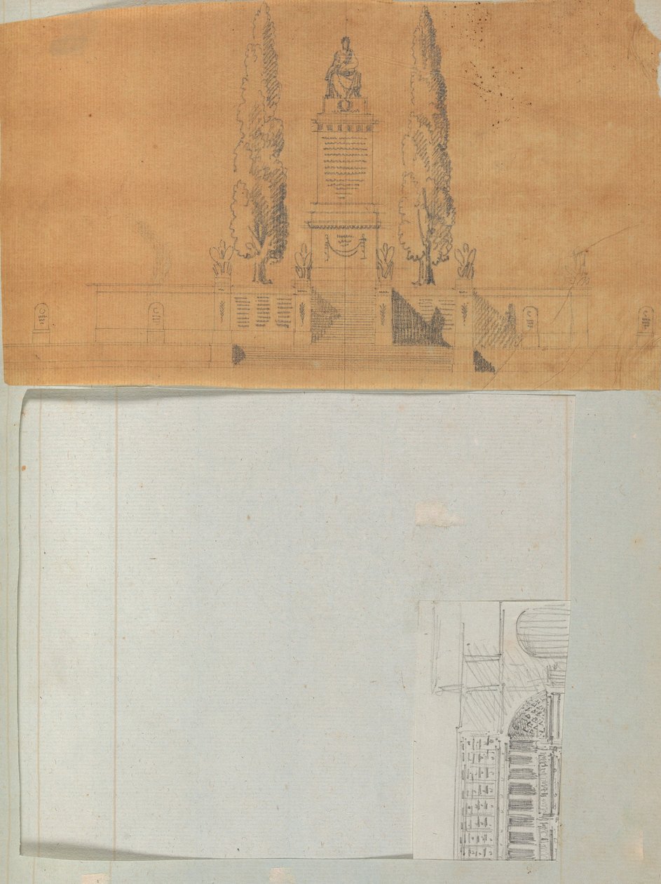 Side fra en scrapbog indeholdende tegninger og adskillige print af arkitektur, Int..., ca. 1800-1850. Skabere: Workshop af Charles Percier, Workshop af Pierre François Léonard Fontaine. af Workshop of Charles Percier, Workshop of Pierre