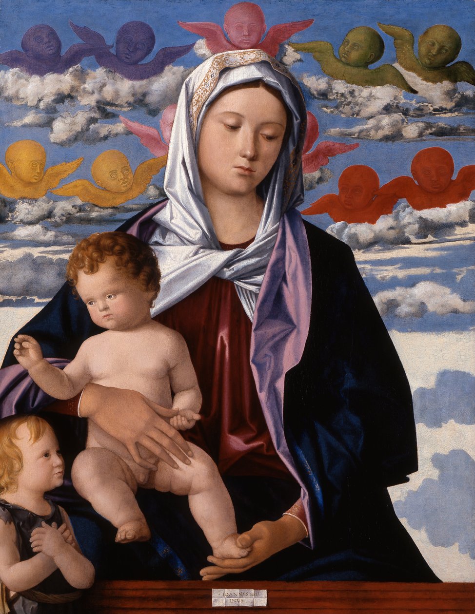 Madonna og barnet med Johannes Døberen af Workshop of Giovanni Bellini