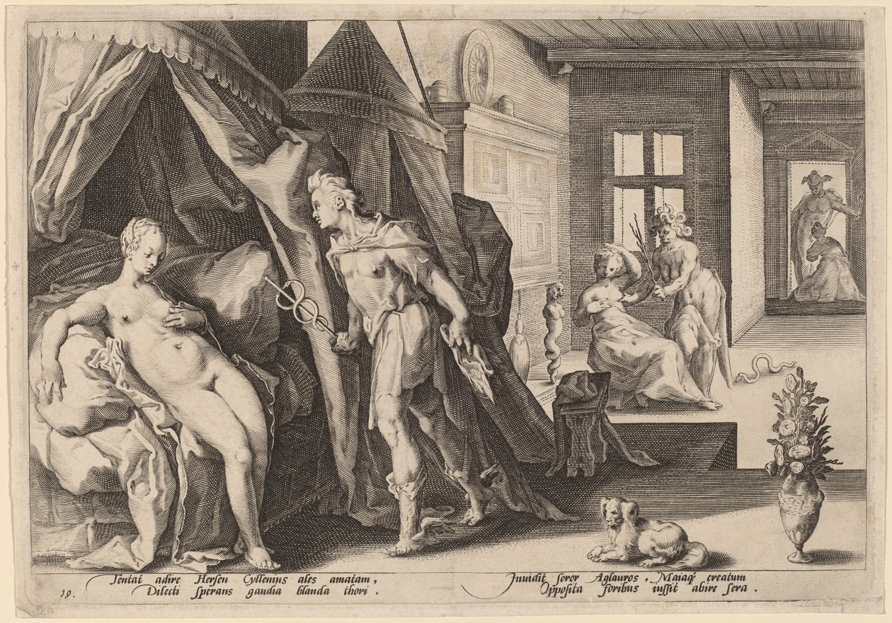 Mercury kommer ind i Herses værelse efter at have ændret Agraulos til sten af Workshop of Hendrick Goltizus, after Hendrick Goltzius