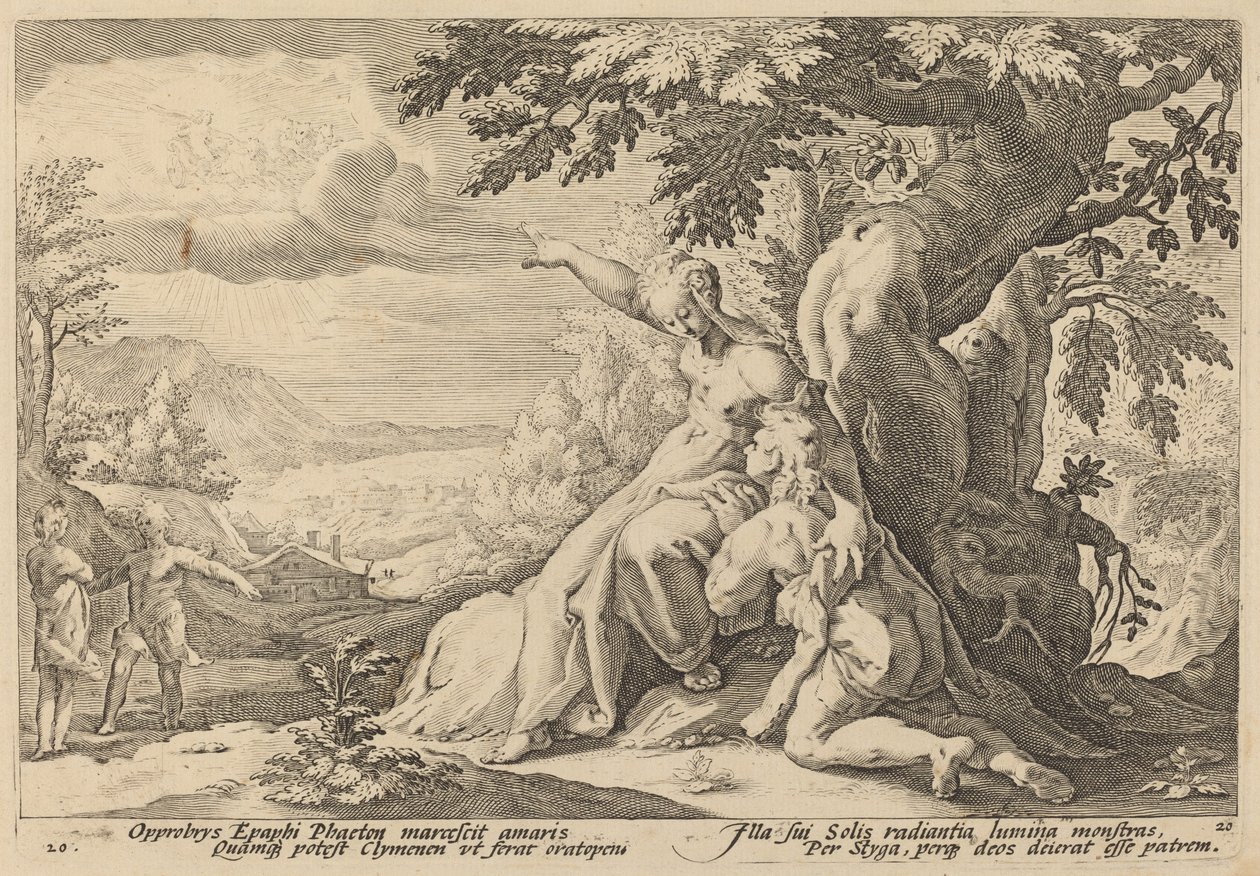 Clymene opfordrer Phaeton til at finde Helios af Workshop of Hendrick Goltzius, after Hendrick Goltzius