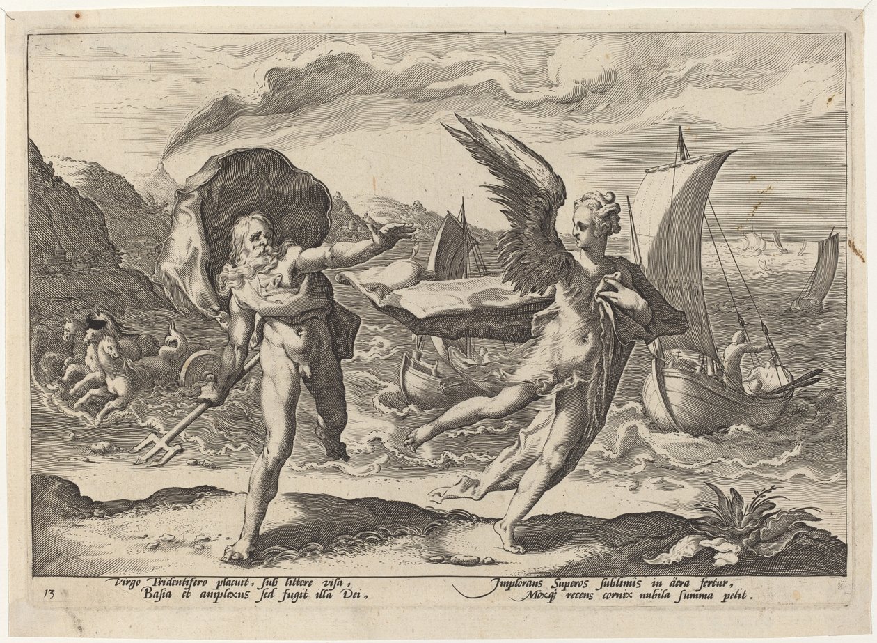 Coronis forvandlet til en krage af Workshop of Hendrick Goltzius, after Hendrick Goltzius
