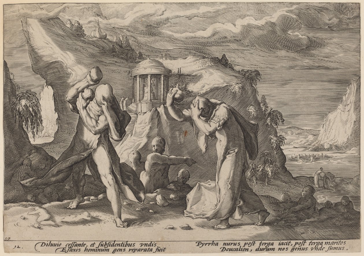 Deucalion og Pyrrha, der befolker jorden af Workshop of Hendrick Goltzius, after Hendrick Goltzius