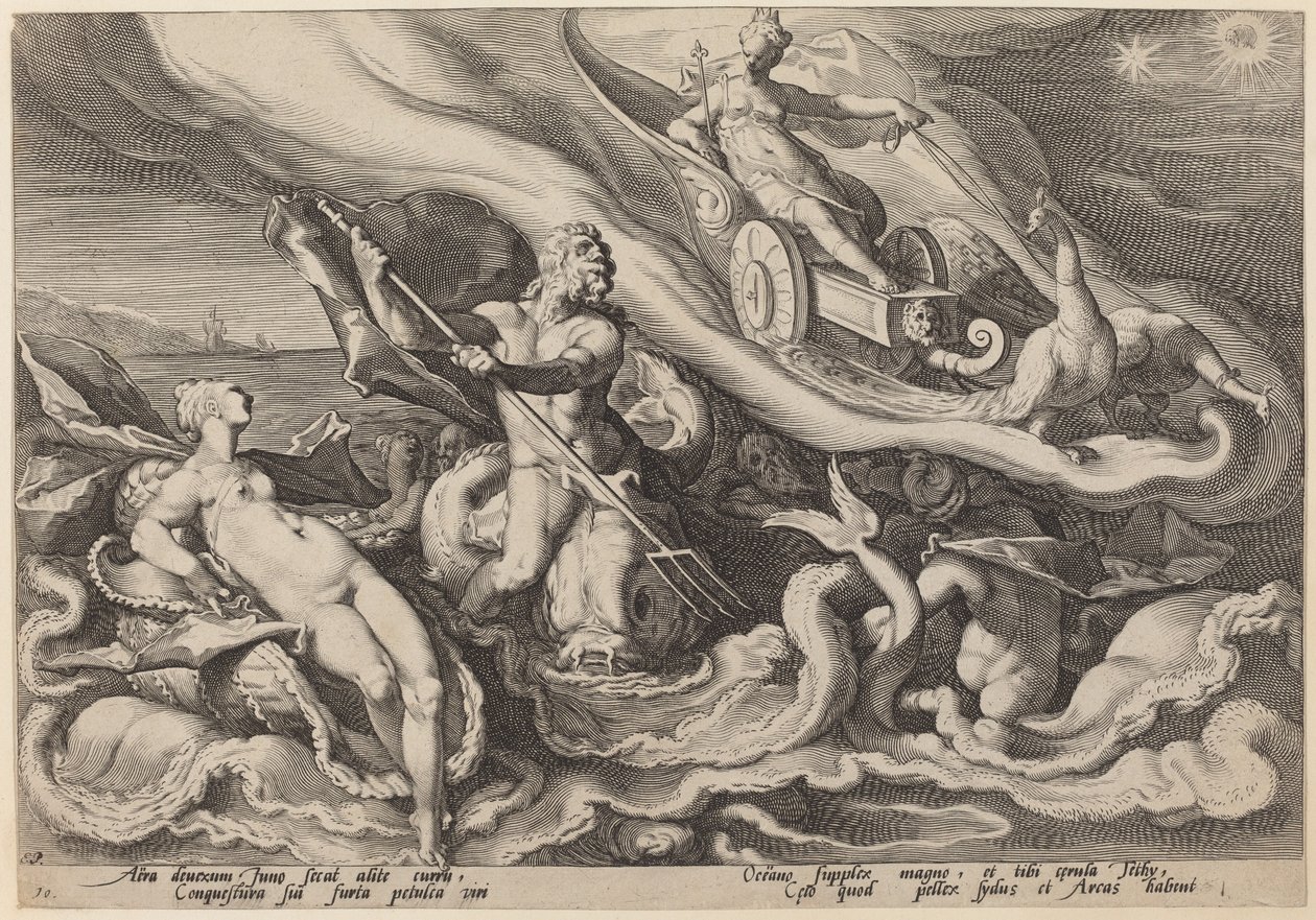 Juno klager til Oceanus og Tethys over Callisto af Workshop of Hendrick Goltzius, after Hendrick Goltzius