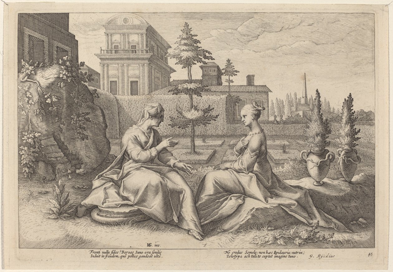 Juno i form af Beroe, Advarsel Semele af Workshop of Hendrick Goltzius, after Hendrick Goltzius