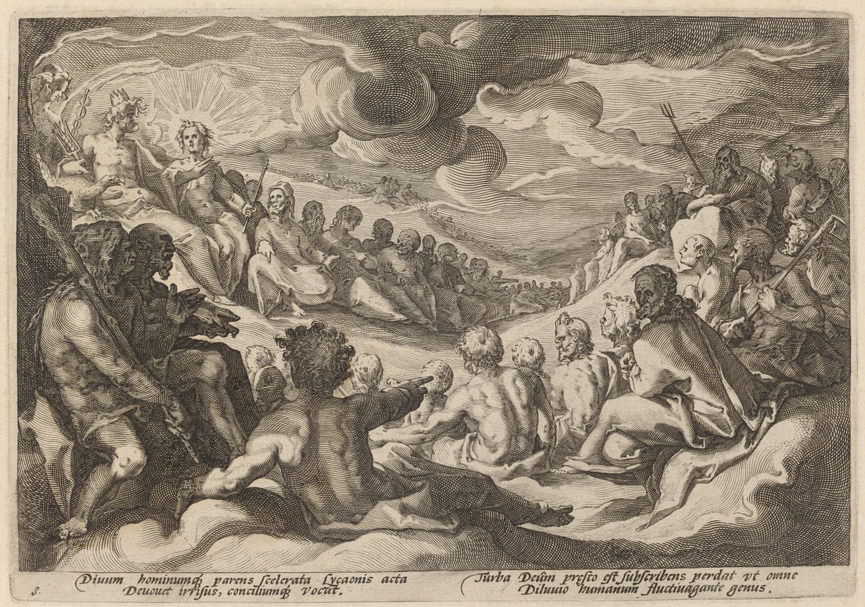 Jupiter tager råd fra guderne om ødelæggelsen af universet af Workshop of Hendrick Goltzius, after Hendrick Goltzius