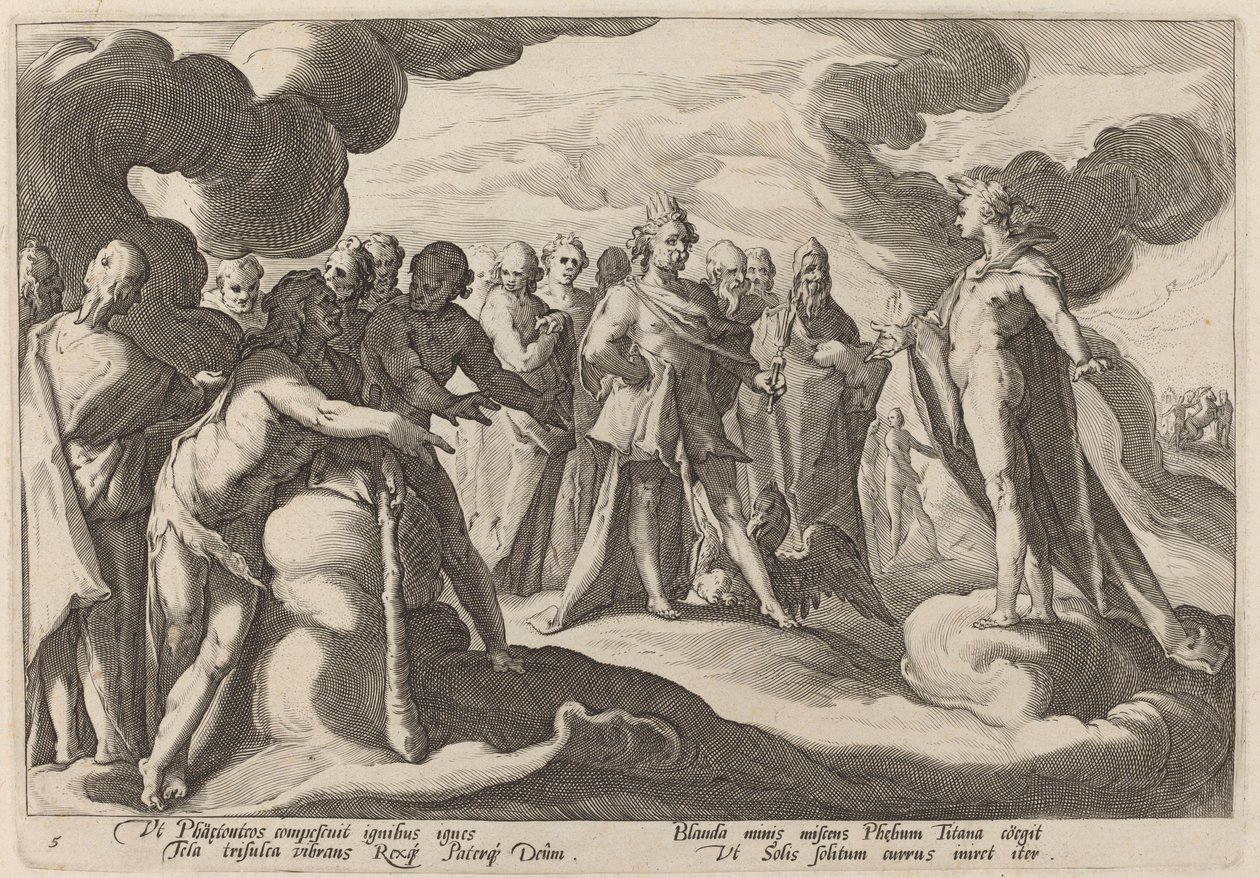 Jupiter og guderne beder Helios om at genoptage kontrollen over vognen af Workshop of Hendrick Goltzius, after Hendrick Goltzius
