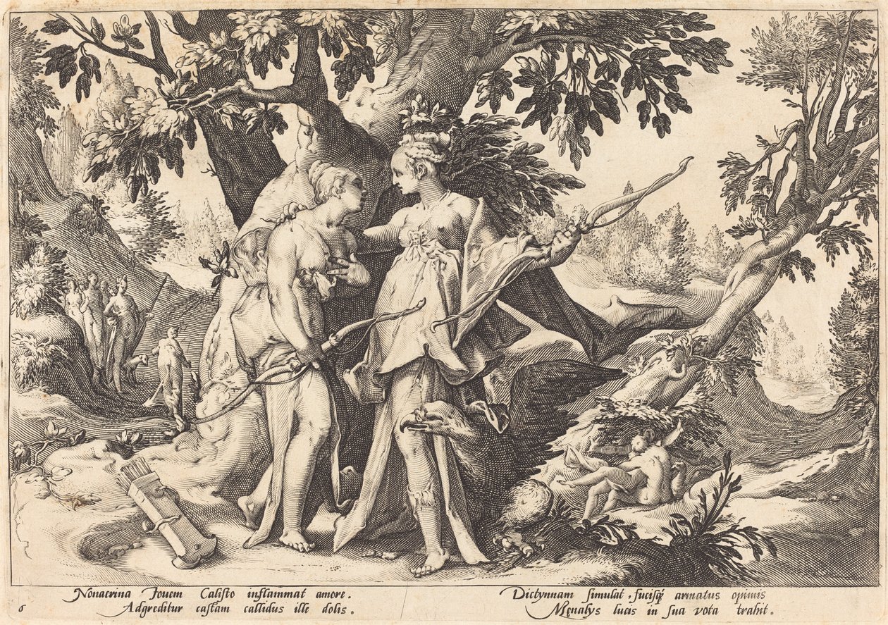 Jupiter i Dianas forklædning forfører Callisto af Workshop of Hendrick Goltzius, after Hendrick Goltzius