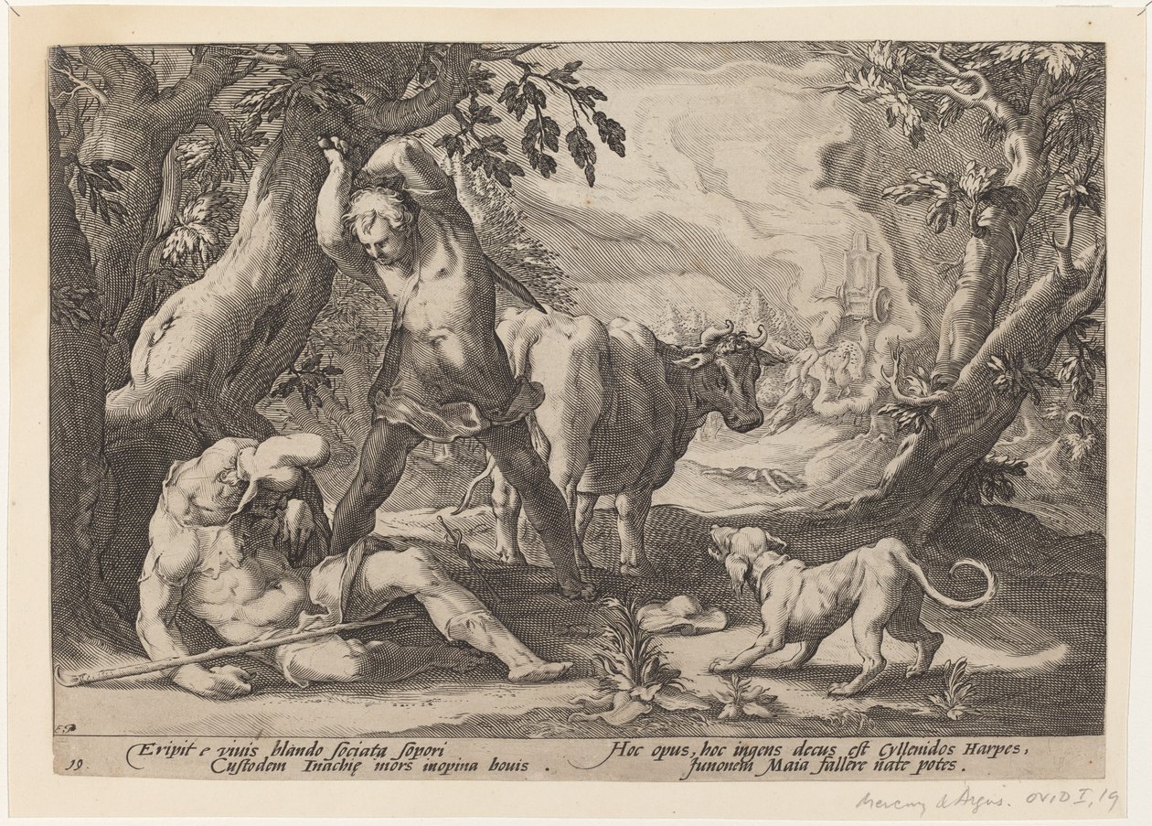 Landskab med Mercury, der hæver sit sværd for at dræbe en sovende Argus af Workshop of Hendrick Goltzius, after Hendrick Goltzius