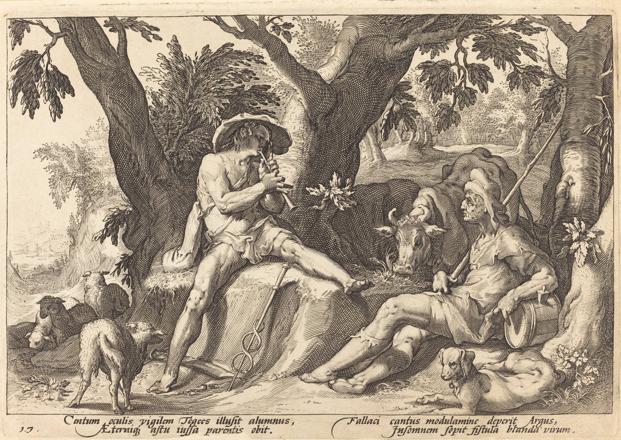 Mercury sætter Argus i søvn af Workshop of Hendrick Goltzius, after Hendrick Goltzius