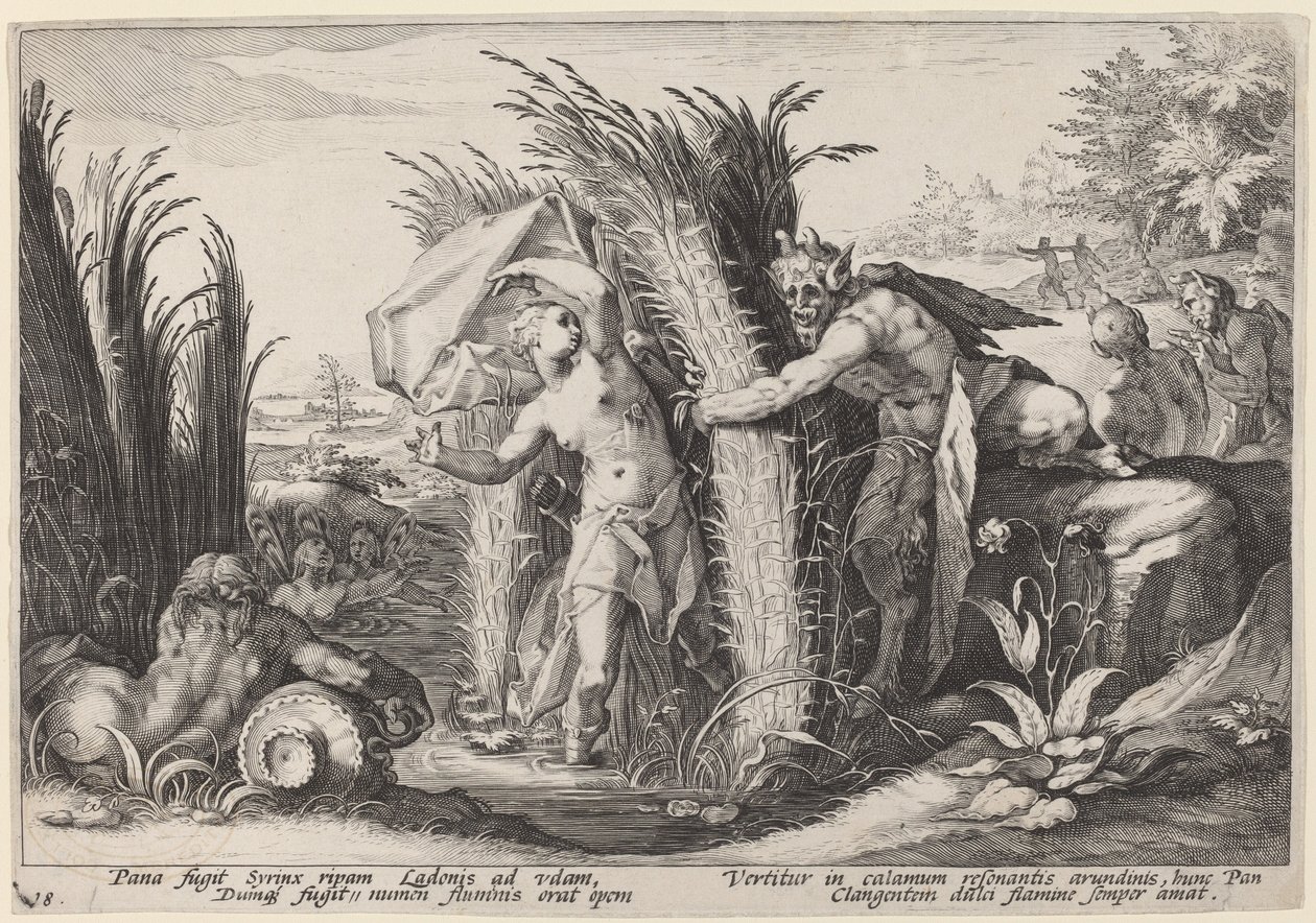 Pan og Syrinx af Workshop of Hendrick Goltzius, after Hendrick Goltzius