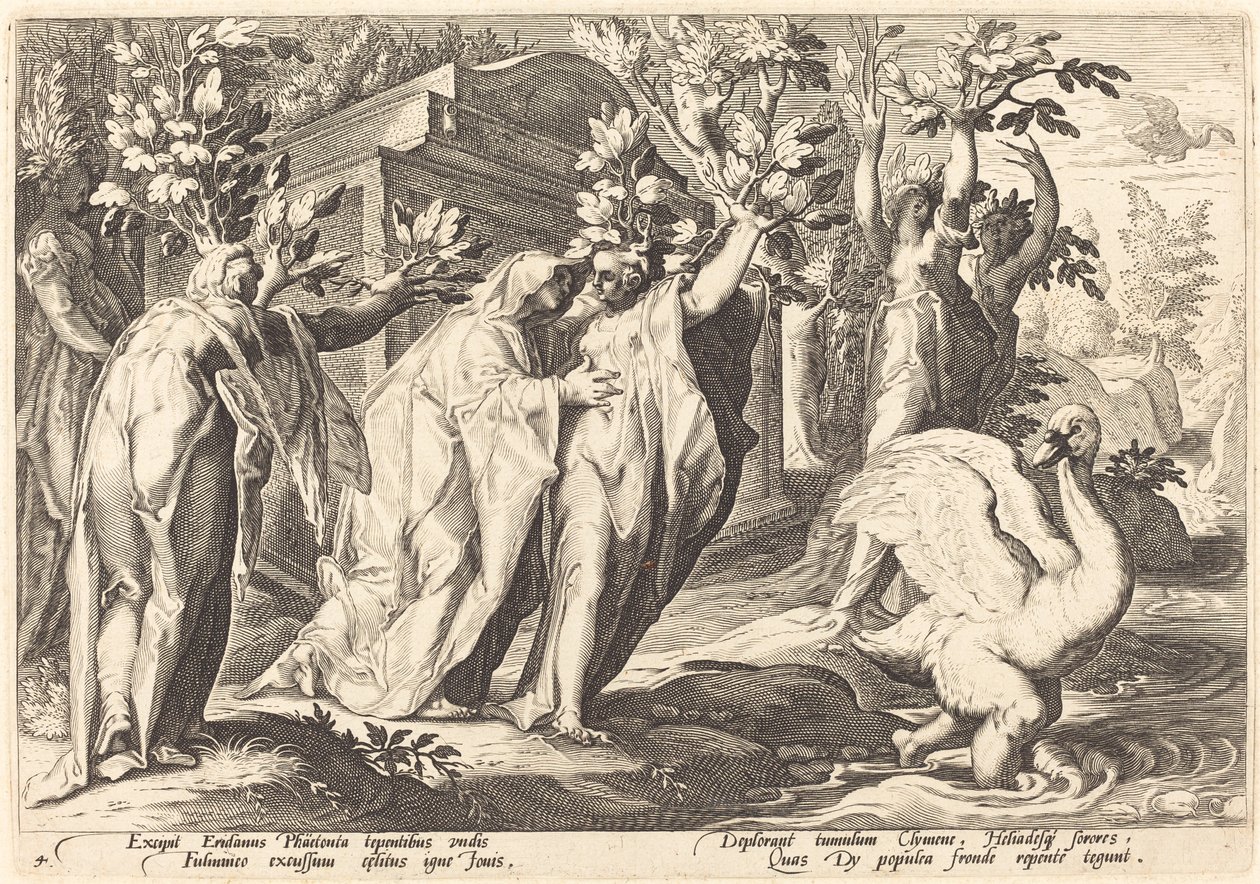 Phaetons søstre forvandlede sig til poppel, Cygnus til en svane af Workshop of Hendrick Goltzius, after Hendrick Goltzius