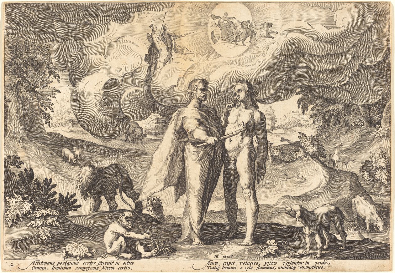 Prometheus skaber mennesket og animerer ham med ild fra himlen af Workshop of Hendrick Goltzius, after Hendrick Goltzius