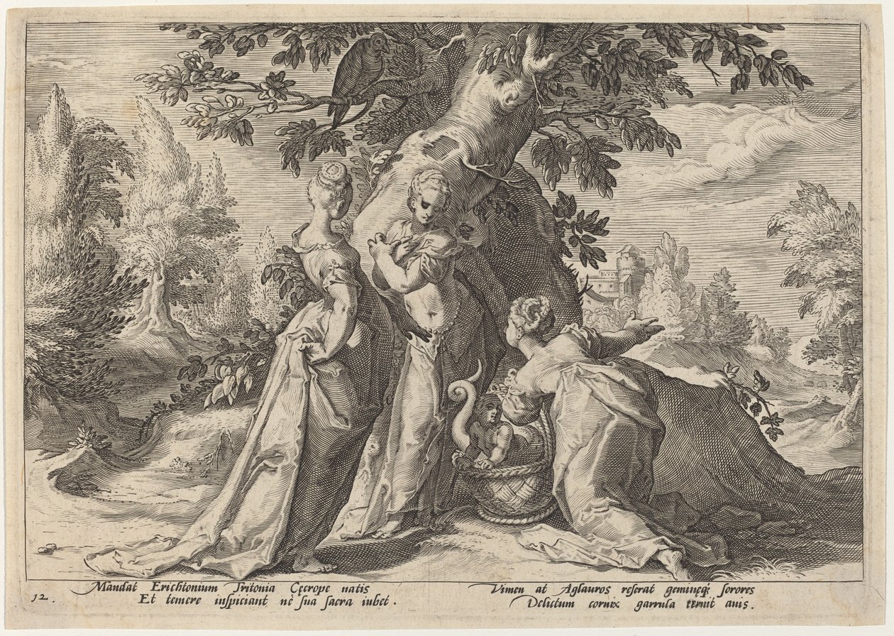 Cecrops døtre åbner kisten, som Minerva har betroet dem af Workshop of Hendrick Goltzius, after Hendrick Goltzius