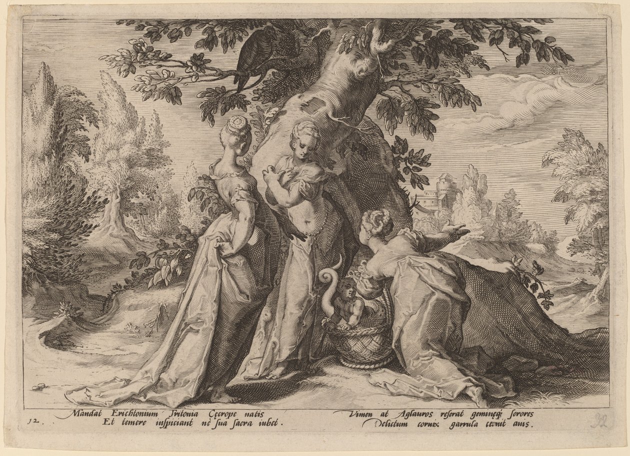 Cecrops døtre åbner kisten, som Minerva har betroet dem af Workshop of Hendrick Goltzius, after Hendrick Goltzius