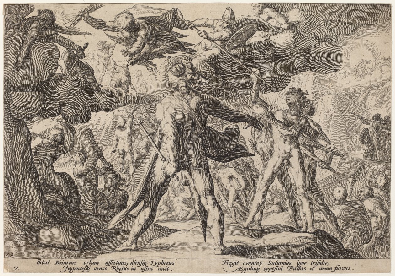 Kæmperne klatrer op i himlen af Workshop of Hendrick Goltzius, after Hendrick Goltzius