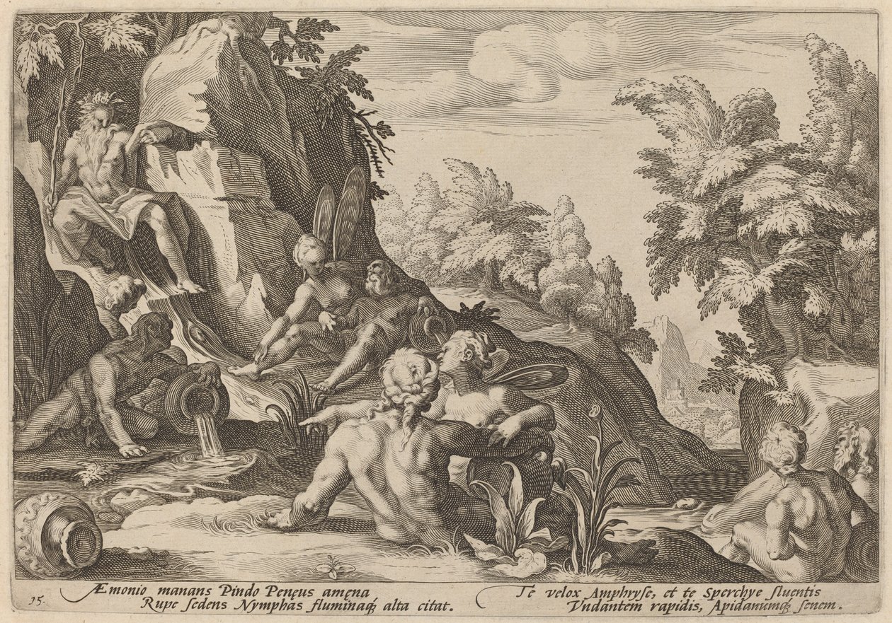 Flodguden Peneus omgivet af andre guddommeligheder af Workshop of Hendrick Goltzius, after Hendrick Goltzius