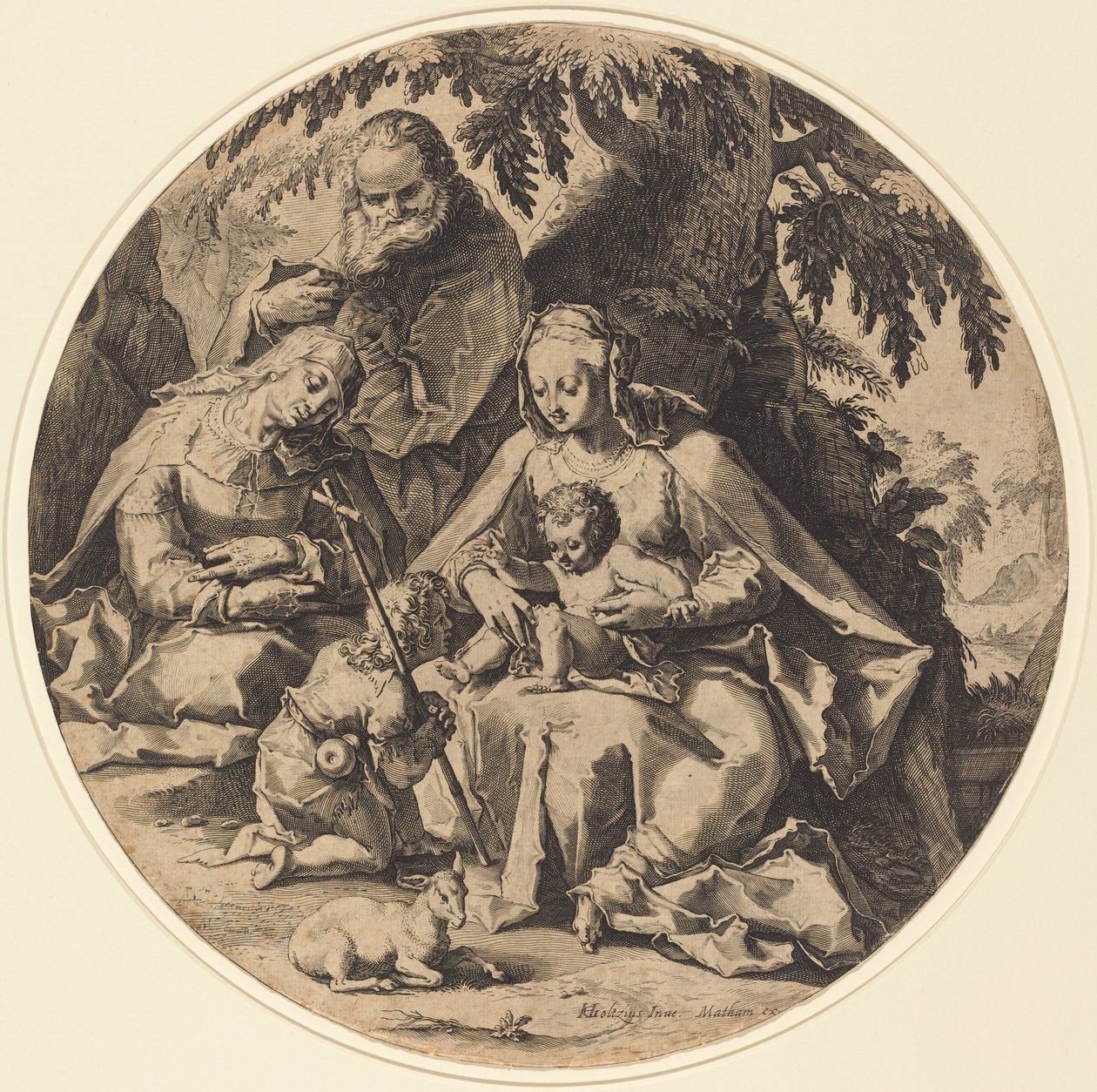 Den hellige familie med Saint Elizabeth og Saint John the Baptist af Workshop of Jacob Matham, after Hendrik Goltzius