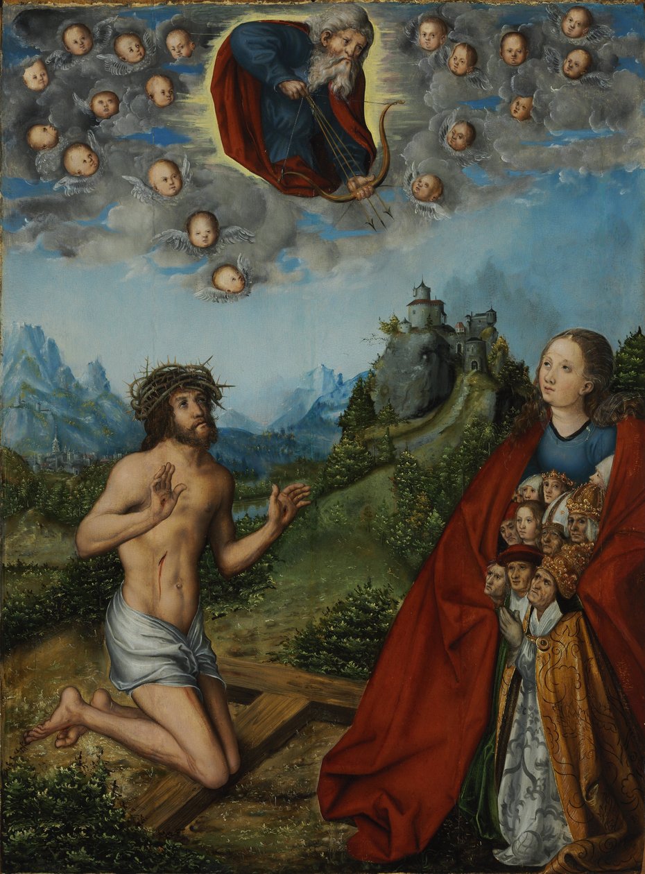 Dobbelt forbøn: Kristus og Jomfru Maria går i forbøn for menneskeheden hos Gud Fader af workshop of Lucas Cranach the Elder