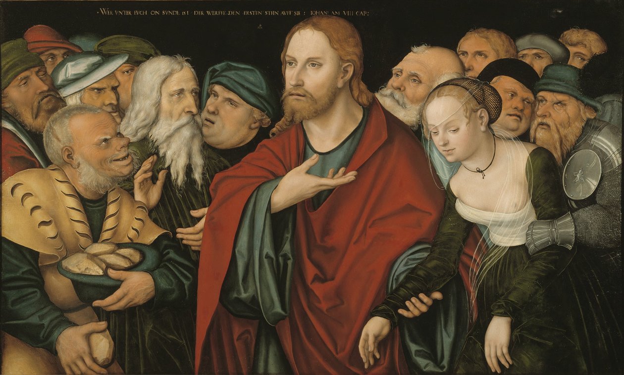 Tysk: Christus und die Ehebrecherin Kristus og kvinden, der blev taget i ægteskabsbrud af workshop of Lucas Cranach the Elder