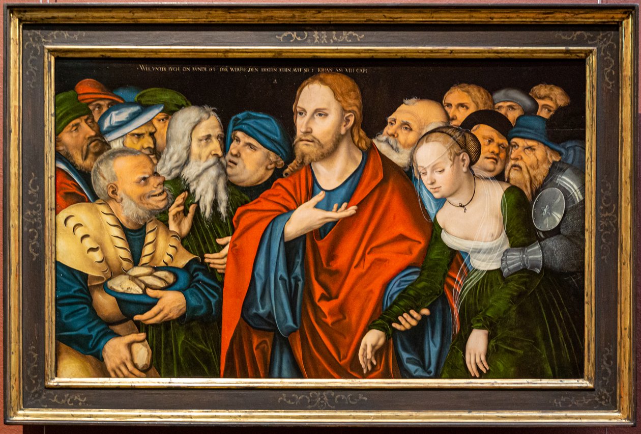 Tysk: Christus und die Ehebrecherin Kristus og kvinden, der blev taget i ægteskabsbrud af workshop of Lucas Cranach the Elder
