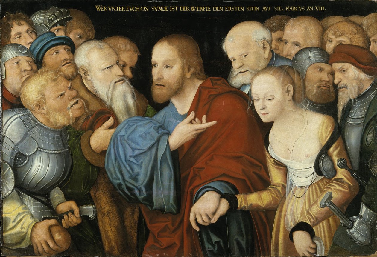 Tysk: Christus und die Ehebrecherin Kristus og kvinden, der blev taget i ægteskabsbrud af workshop of Lucas Cranach the Elder