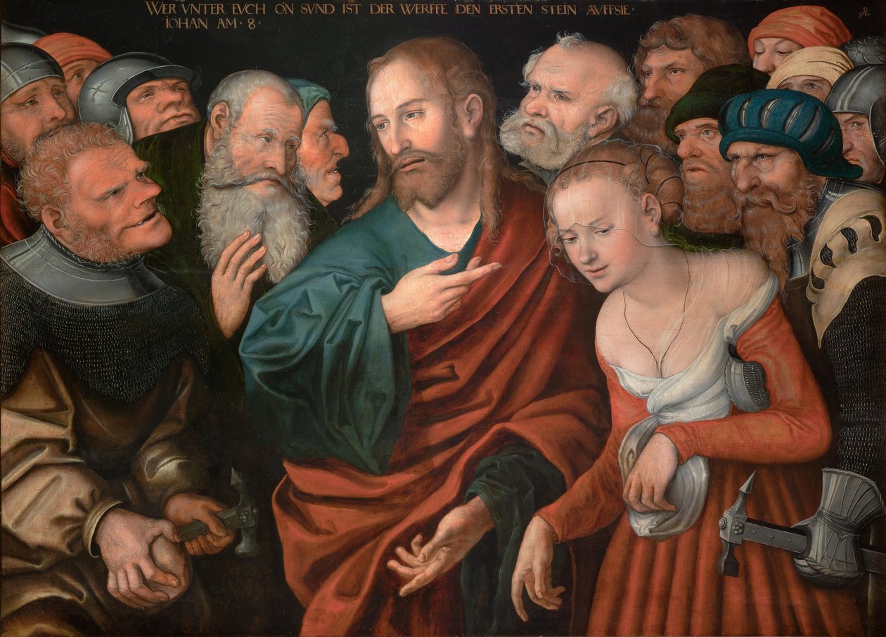 Tysk: Christus und die Ehebrecherin Jesus Kristus og kvinden, der blev taget i ægteskabsbrud af workshop of Lucas Cranach the Elder