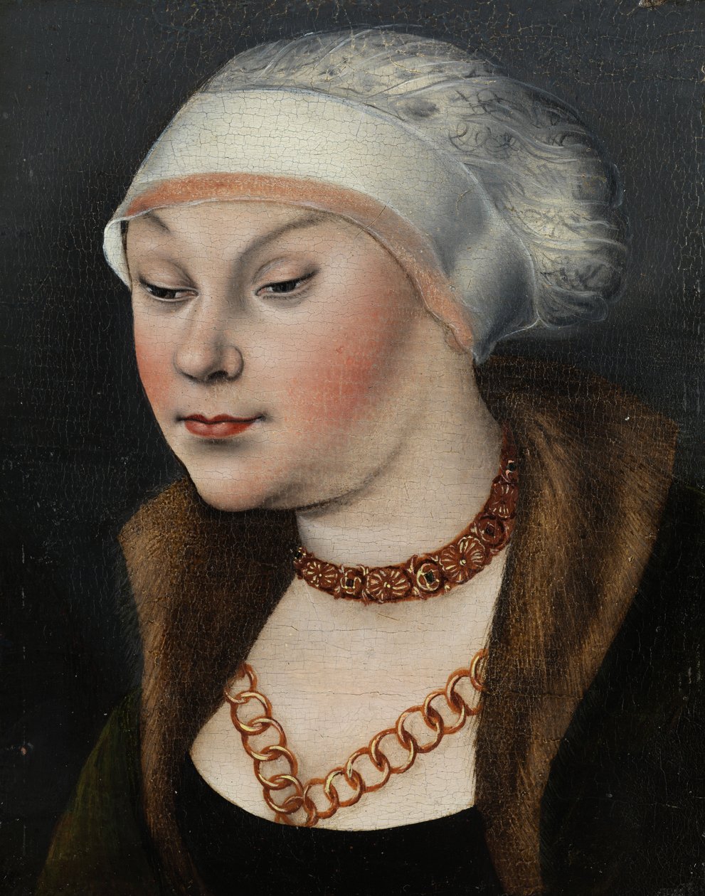 Tysk: Kopf einer Dame mit weißer Haube (Omphale) Hovedet af en kvinde med en hvid kyse af workshop of Lucas Cranach the Elder