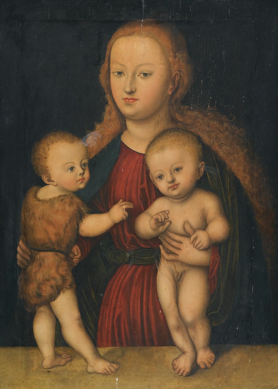 Tysk: Madonna og barn med Johannes Døberen Jomfru og barn med Johannes af workshop of Lucas Cranach the Elder